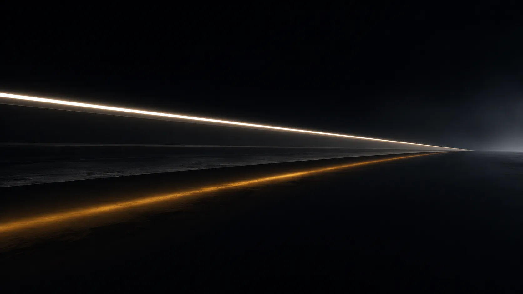 Two parallel light trails crossing a dark void, one bright and one gold running deeper in shadow